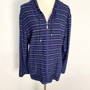 Chico's Navy & Black Striped Zip-Up Hoodie with Silver Sparkles, Size 3 or XL